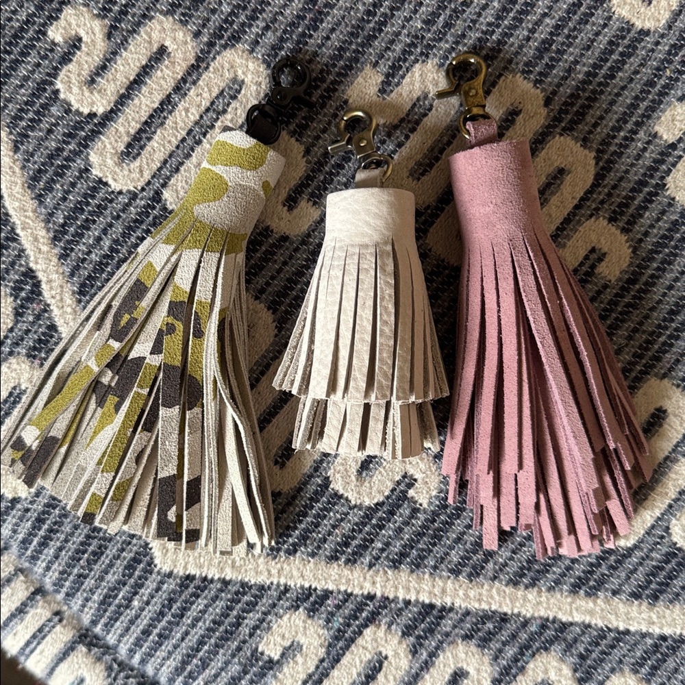 New Handmade Trio of Pink and Cream Leather and Suede Tassel Keychains clips